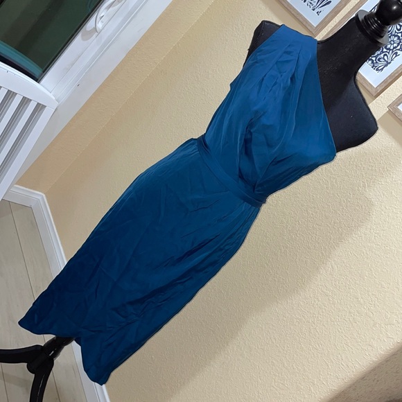 One Shoulder Ruched Midi Dress Belted Party Dress SMALL - Picture 3 of 6